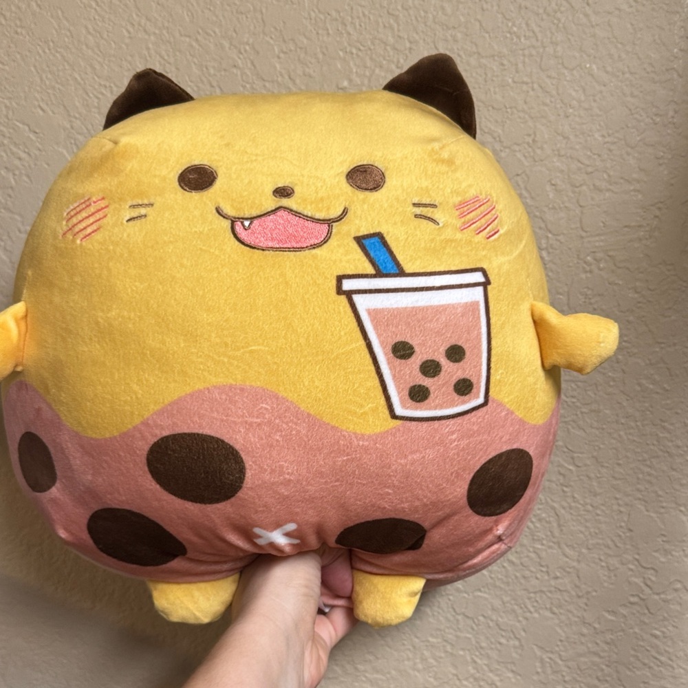 Adorable Yellow and Brown Cat Plush with Bubble Tea